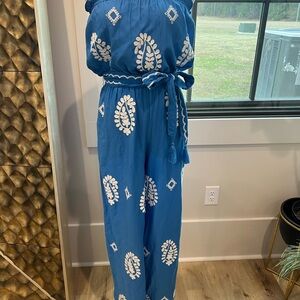 Elan Royal Blue Jumpsuit with White Embroidery